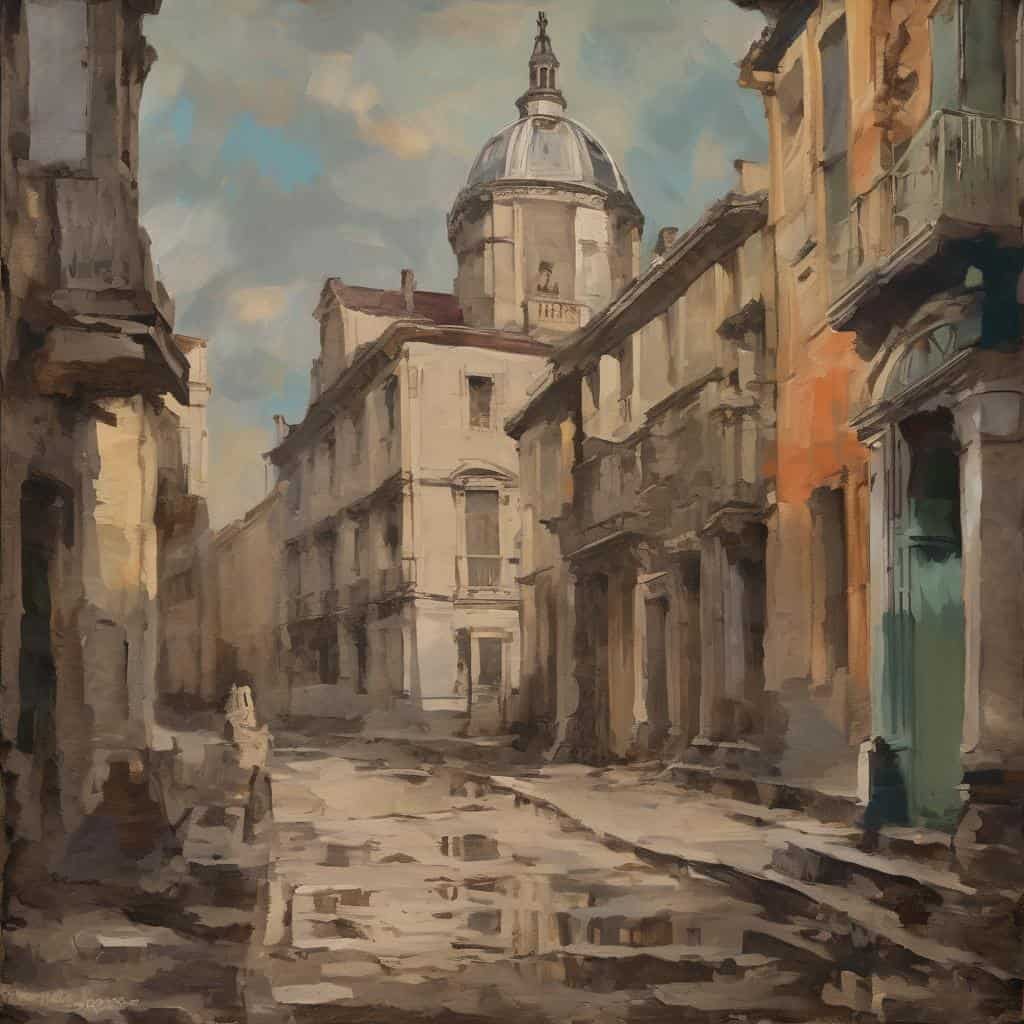 Παλιό μοναδικό κτίριο σε ιστορική αστική περιοχή, σε απέριττο στυλ ζωγραφικής.