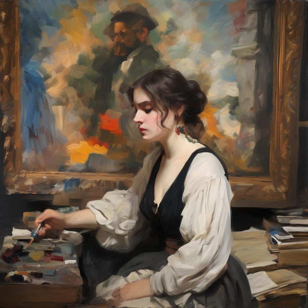 Νεαρή γυναίκα ζωγραφίζει σε καμβά, πίσω της μεγάλη εικόνα ζωγράφου σε αίθριο χώρο.