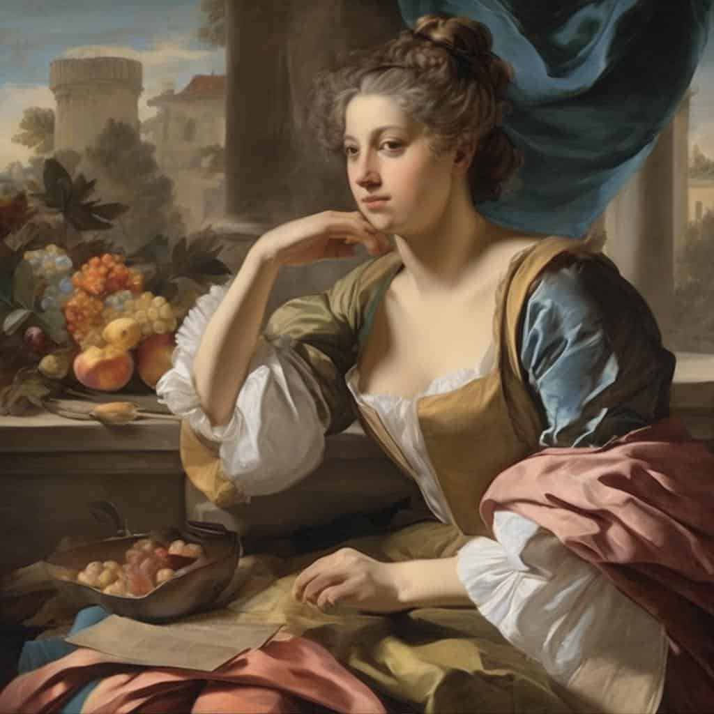 Άνθρωπος σε αναπαράσταση μορφασμού από κλασική τέχνη, με φρούτα και τοπίο στο βάθος.