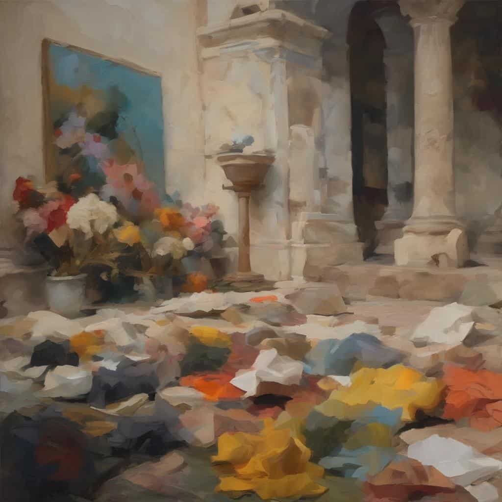 άγαλμα με λουλούδια σε κλασικό περιβάλλον, με πέτρινους κίονες και πίνακα ζωγραφικής, εκφραστικό και καλλιτεχνικό.