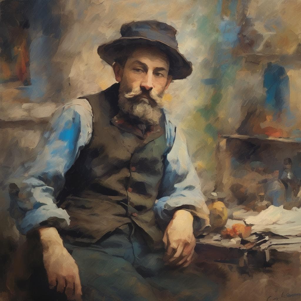 Άνδρας με καπέλο και λευκή φούστα ζωγραφισμένος σε ρεαλιστικό στυλ.