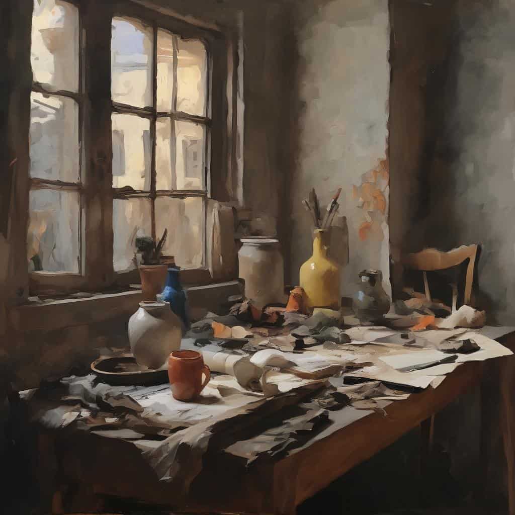 Παλιό εργαστήριο ζωγραφικής με κουράκια, πινέλα και κεραμικά αντικείμενα κοντά σε παλιά παράθυρα, γεμάτο τέχνη και δημιουργικότητα.
