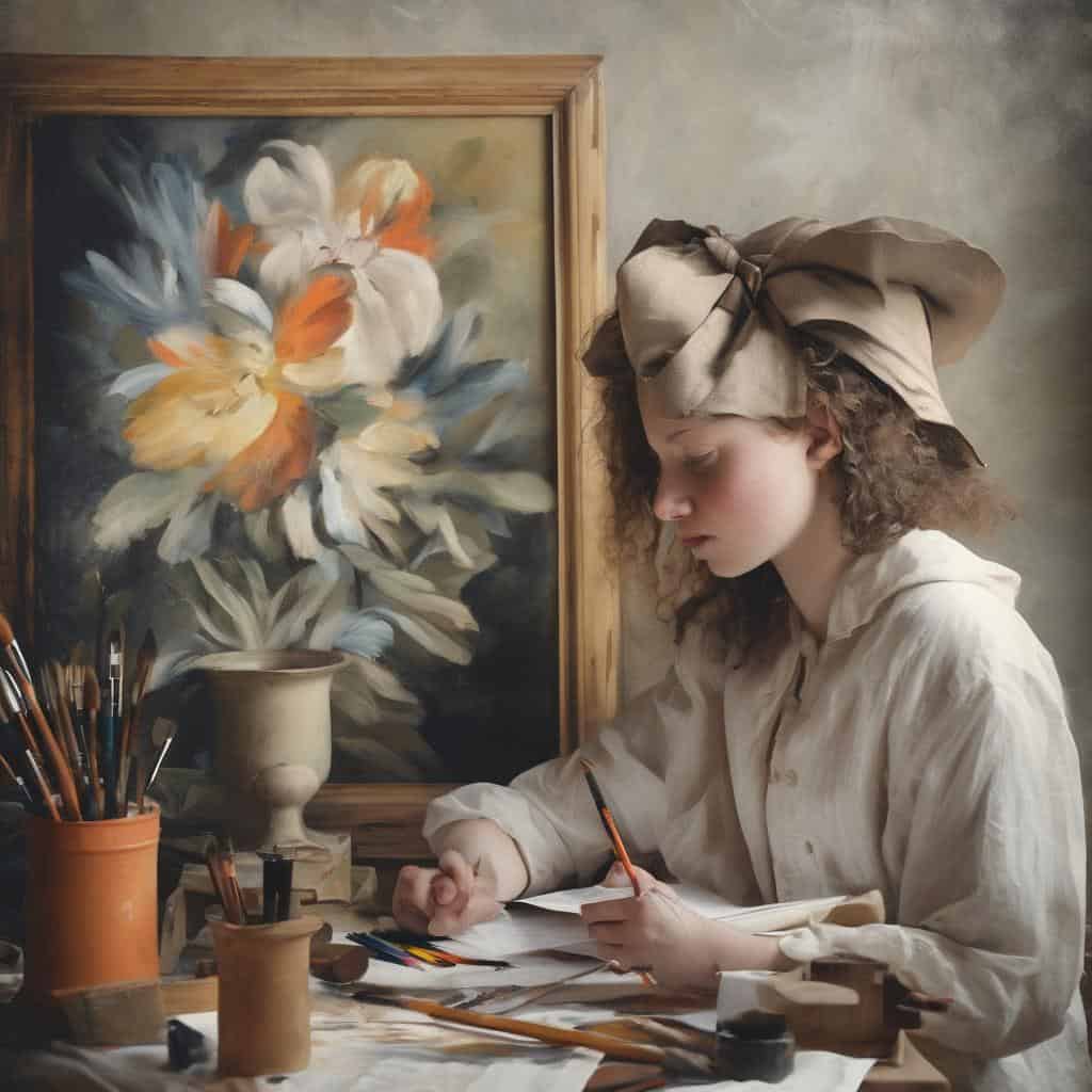 Ζωγράφος σε στούντιο με πίνακα και καμβά, δημιουργώντας έργα τέχνης, πλήρως συγκεντρωμένη.